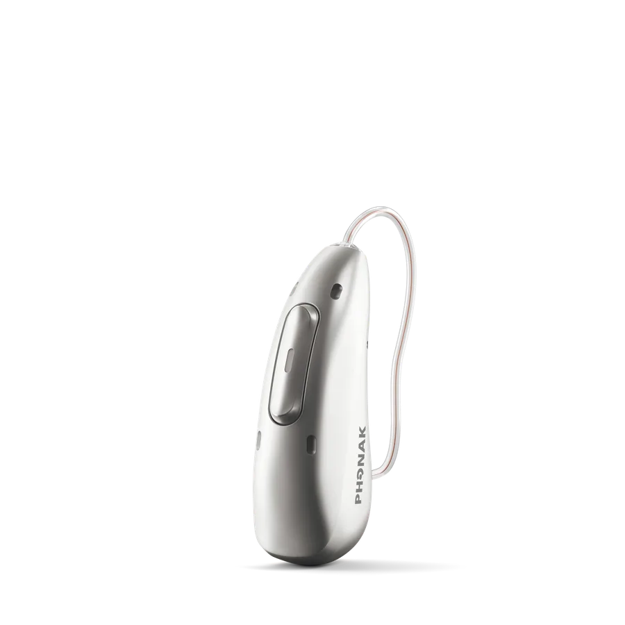 Phonak Audéo Infinio (Audéo I-R) en acabado Silver Gray — imagen oficial de producto de Phonak / © Sonova AG